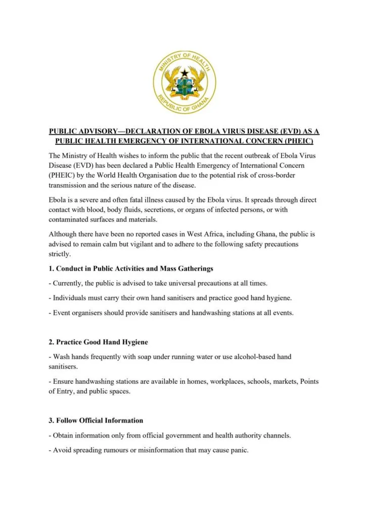 Health Ministry issues Ebola alert after WHO declares global public health emergency