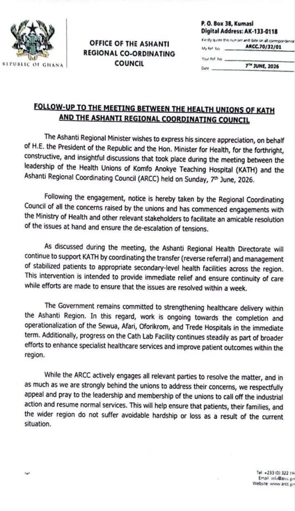 Ashanti Regional Coordinating Council appeals for end to KATH doctors strike