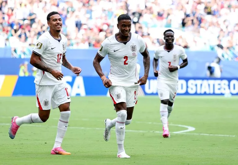 MIAMI GARDENS, FLORIDA - JULY 18: Ezri Konsa #2 of England celebrates scoring his team's second goal during the FIFA World Cup 2026 Bronze Final between France and England at Miami Stadium on July 18, 2026 in Miami Gardens, Florida. (Photo by Buda Mendes/Getty Images)