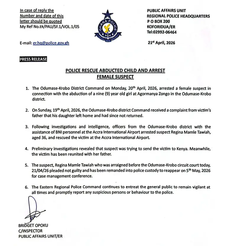 Police rescue abducted girl from Agormanya; suspect arrested