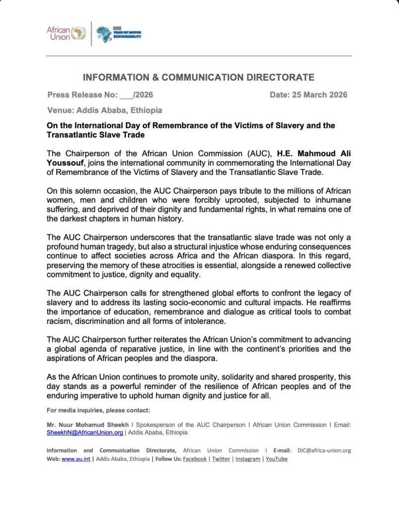 African Union marks slavery Remembrance Day, calls for justice and global action