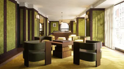 Would you pay $58.5m to live in this iconic New York building? Visualisation One Image of large billiards room with green and brown walls, modern furniture and large windows