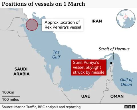 I survived a missile strike in the Strait of Hormuz, but my friend has not been found Map showing approximate location of Rex Pereira's vessel off the coast of Iraq and in the Gulf and Sunil Puniya's vessel Skylight in the Strait of Hormuz when the latter was struck by a missile on 1 March