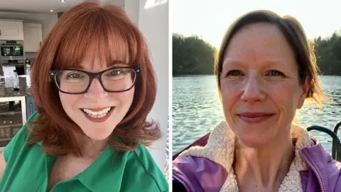 Why heatwaves hit women harder Hilary Serif/ Rosaline West Split pic headshots, with Hilary Serif who has shoulder-length red hair and wears black-rimmed glasses on the left and Rosaline West, who has her brunette hair tied back, on the right