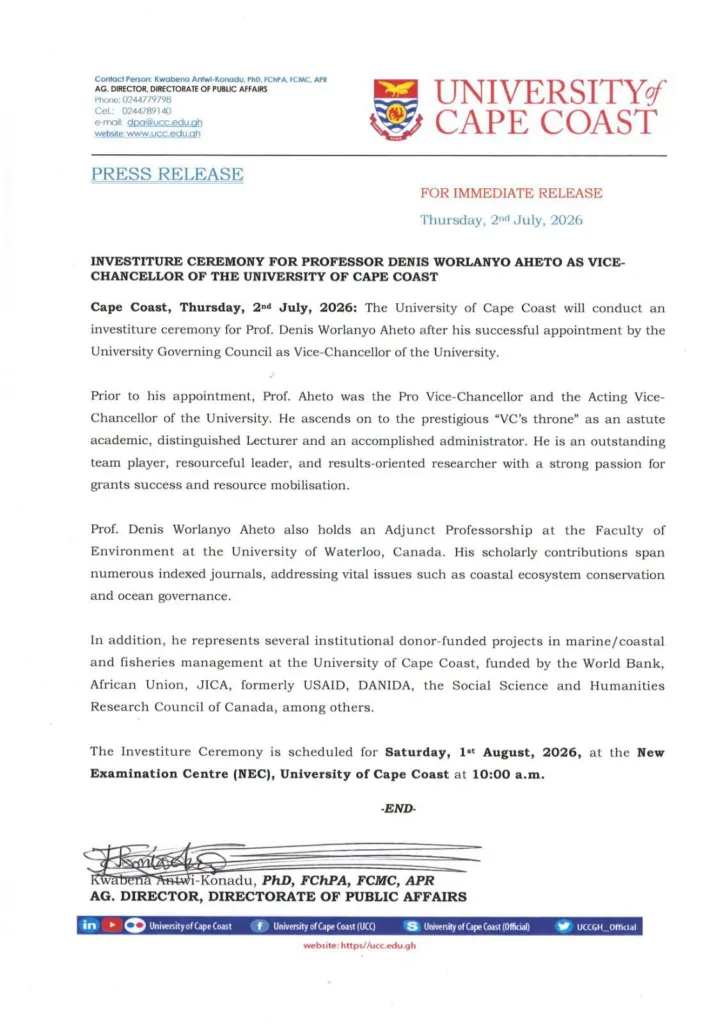 UCC to invest Prof. Denis Aheto as Vice-Chancellor on August 1