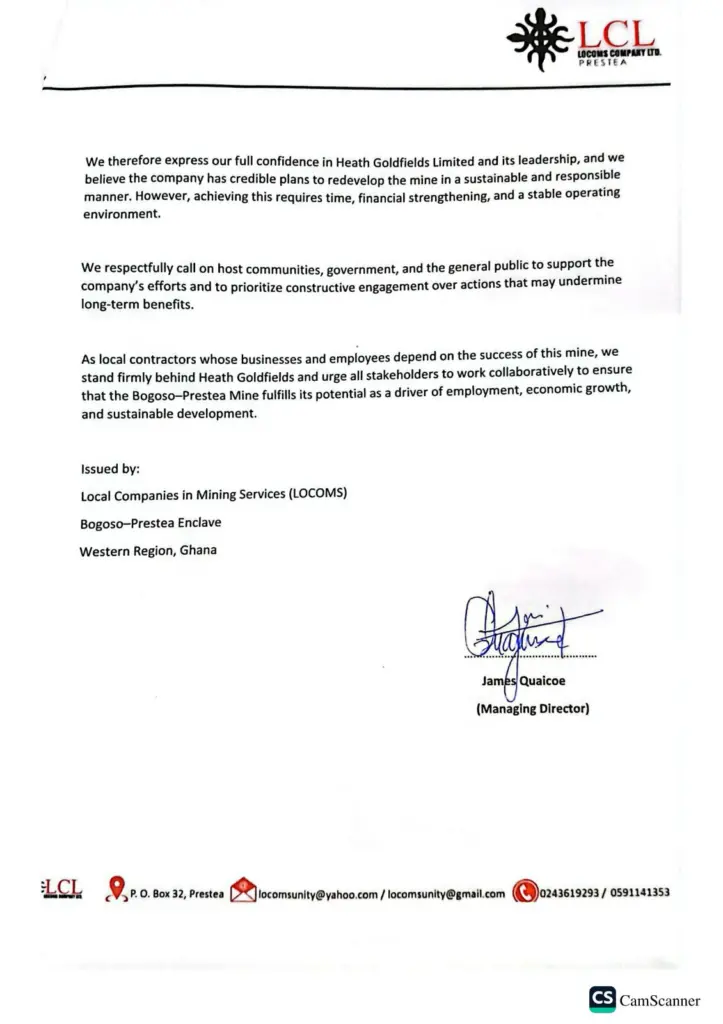 Local mining contractors endorse Heath Goldfields’ role at Bogoso-Prestea Mine