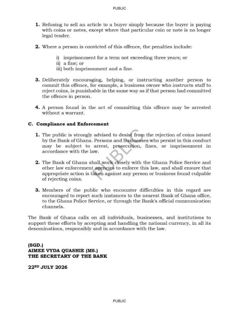 BoG warns of arrest, imprisonment and fines for rejecting cedi and pesewa coins