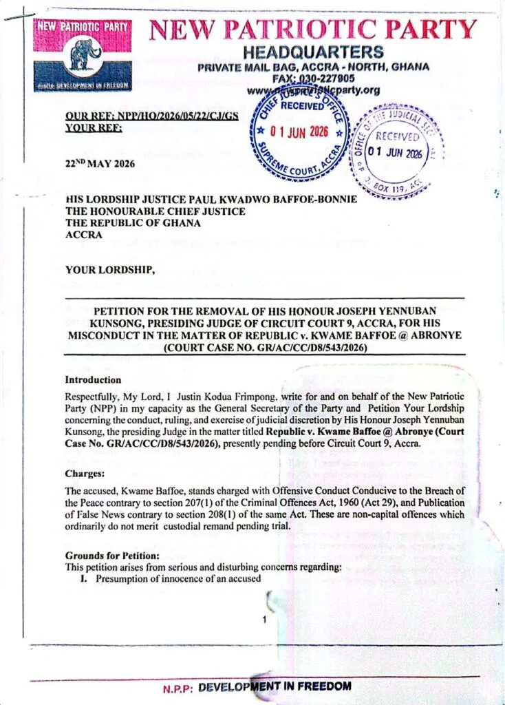 NPP petitions Chief Justice for removal of Circuit Court Judge over Abronye’s case
