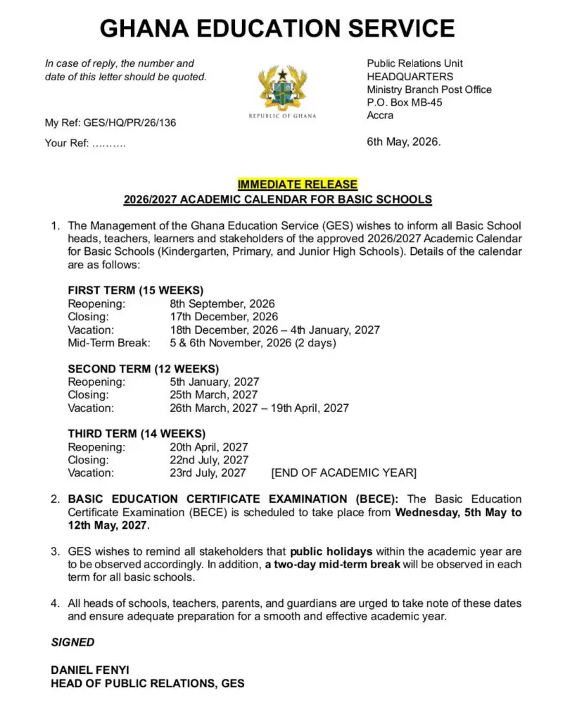 GES releases 2026/27 academic calendar; BECE set for May 2027