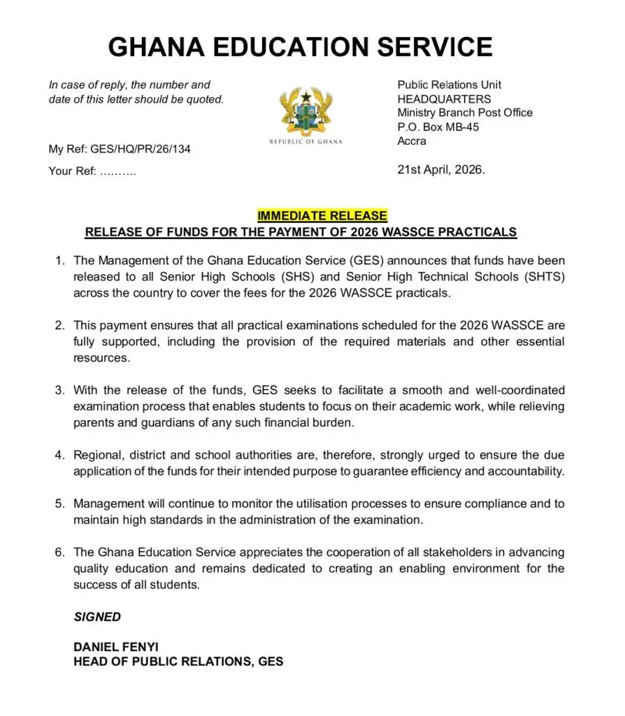 GES releases WASSCE practical funds to all Senior High Schools GES releases WASSCE practical funds to all Senior High Schools