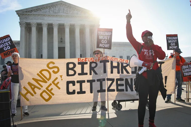 Demonstrators protest outside the Supreme Court before justices hear oral arguments in Trump v. Barbara, a case about birthright citizenship, in Washington, on April 1, 2026.