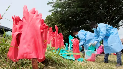 Reuters Congolese medical workers in blue personal protective equipment (PPE) sanitise pink and blue rubber gloves in buckets at Ebola treatment centre in Bunia. Gloves already washed dry upright on sticks spoked into the grass.