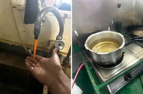 I survived a missile strike in the Strait of Hormuz, but my friend has not been found Rex Pereira Brown water pours out of a tap in the left hand image and diesel-contaminated water is boiled in a pot in the image on the right