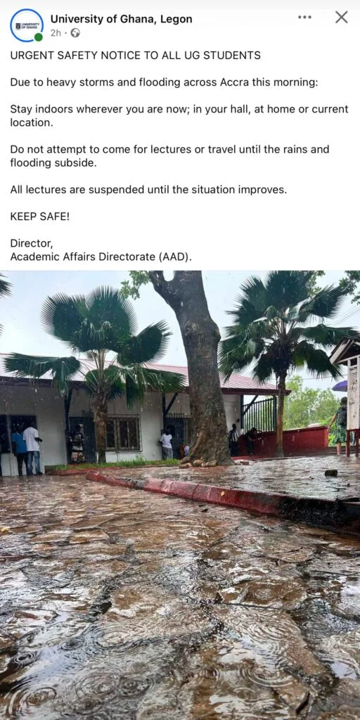 University of Ghana suspends lectures as heavy rains and flooding batter Accra