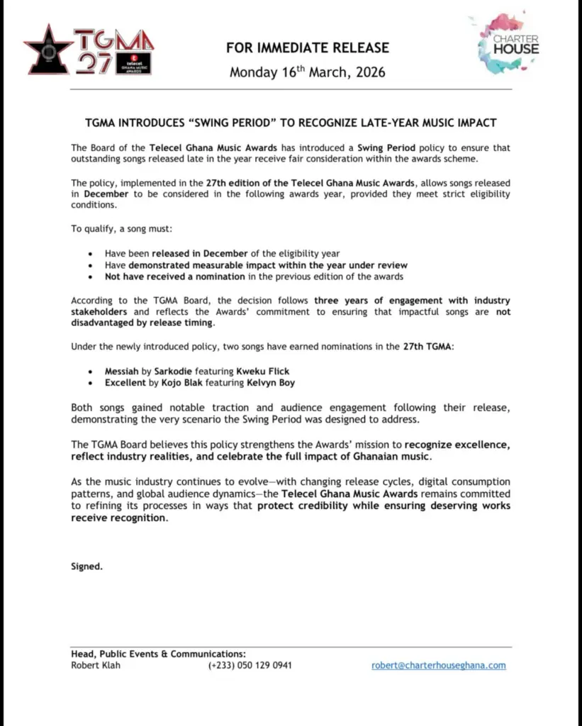 TGMA Board introduces ‘Swing Period’ policy to recognise late-year music releases TGMA Board introduces ‘Swing Period’ policy to recognise late-year music releases