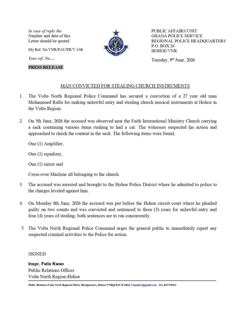 Man convicted over theft of church musical instruments in Hohoe Man convicted over theft of church musical instruments in Hohoe