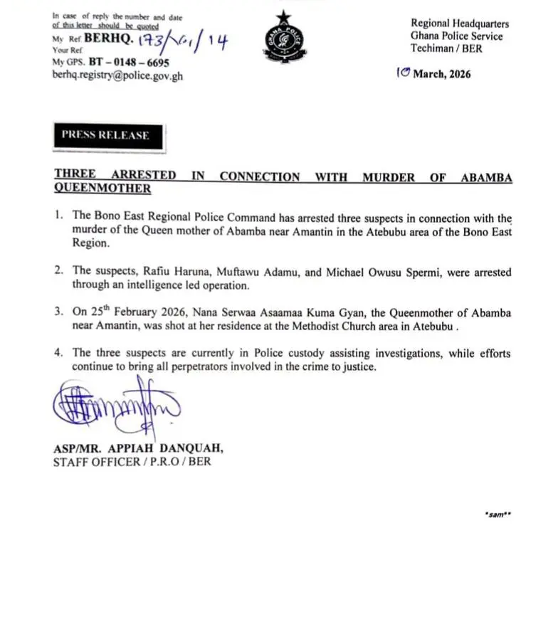 Three arrested over the killing of Abamba Queenmother in Bono East Three arrested over the killing of Abamba Queenmother in Bono East