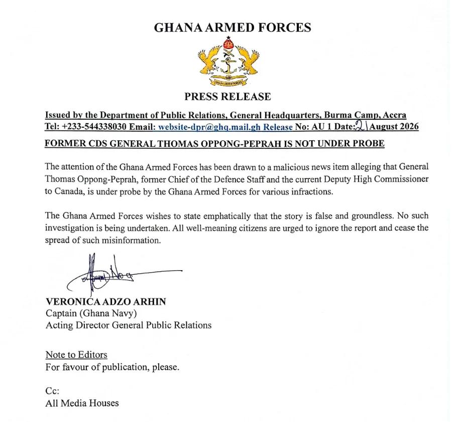 Military dismisses probe claims against former CDS Oppong-Peprah as 'malicious' Military dismisses probe claims against former CDS Oppong-Peprah as 'malicious'