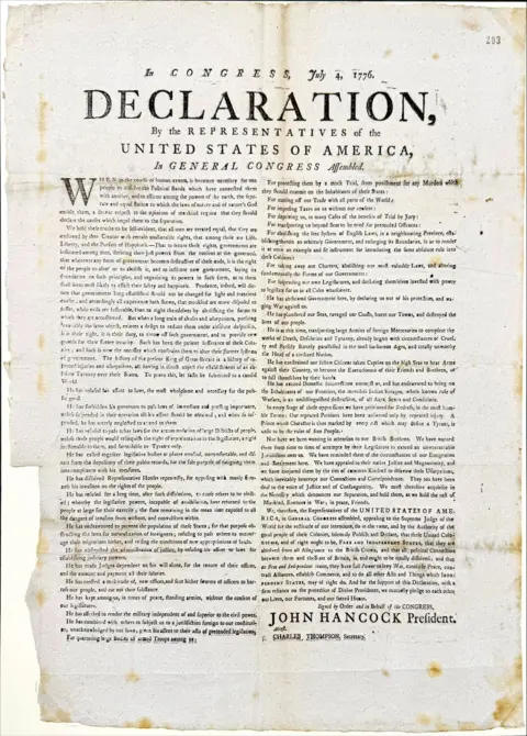 The National Archives A scanned copy of the US Declaration of Independence, with damage in the form of tears and discolouring visible.