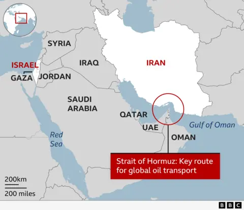 Oil prices surge above $110 and shares slide over Iran war Map of Strait of Hormuz
