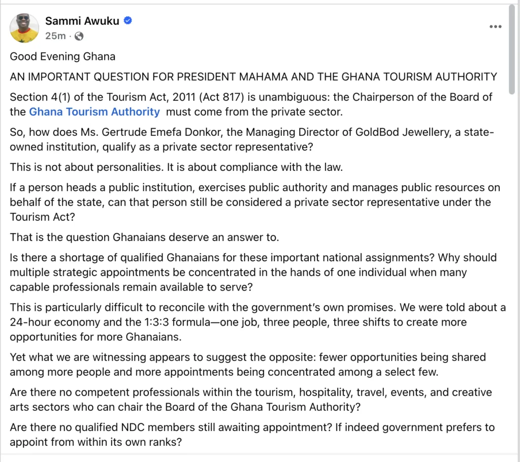 Sammi Awuku questions whether GTA board chair Gertrude Donkor meets Tourism Act private sector requirement