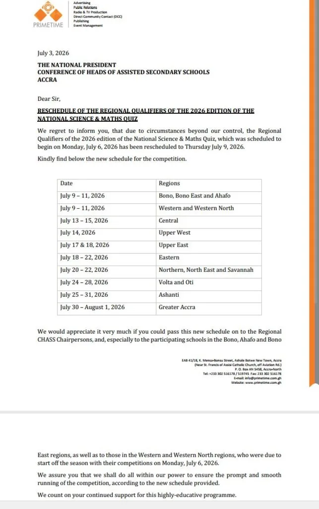 NSMQ 2026 regional qualifiers rescheduled to July 9