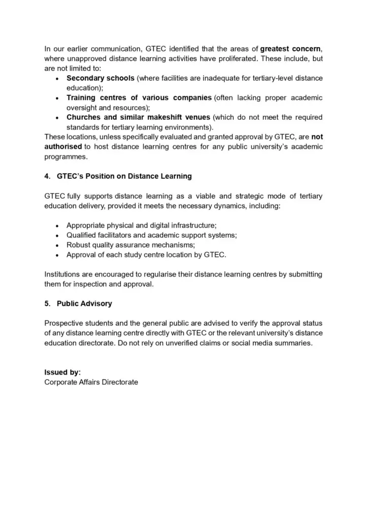 GTEC clarifies status of public university distance learning centres