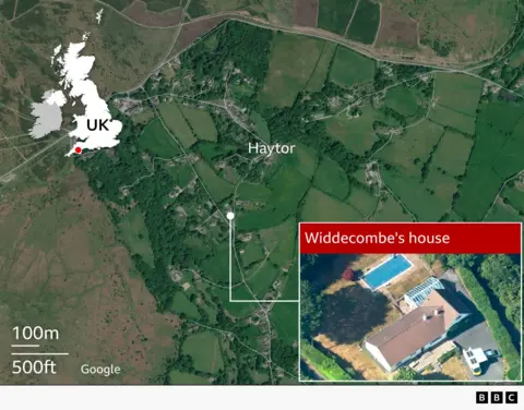 A satellite image of the Haytor area on Dartmoor in Devon. A marker highlights the location of Widdecombe’s house on a road south of Haytor village. An inset aerial photograph shows the property in detail, including a detached house, garden and outdoor swimming pool