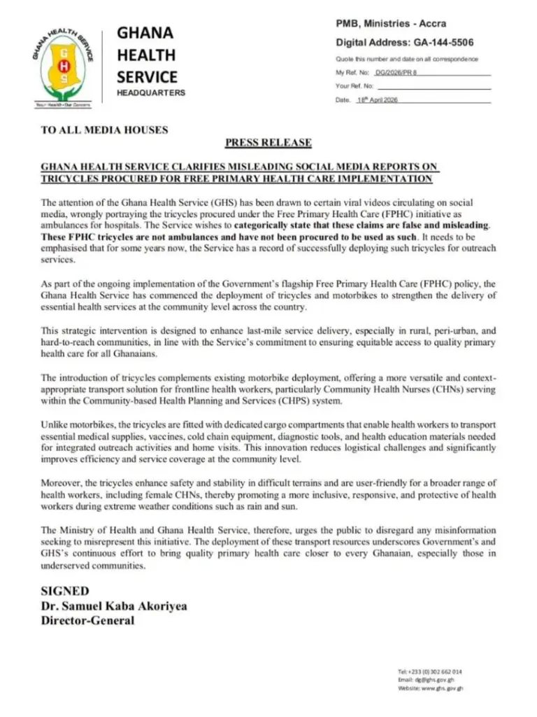 Ghana Health Service clarifies 'misleading' claims on tricycles procured under Free Primary Healthcare initiative