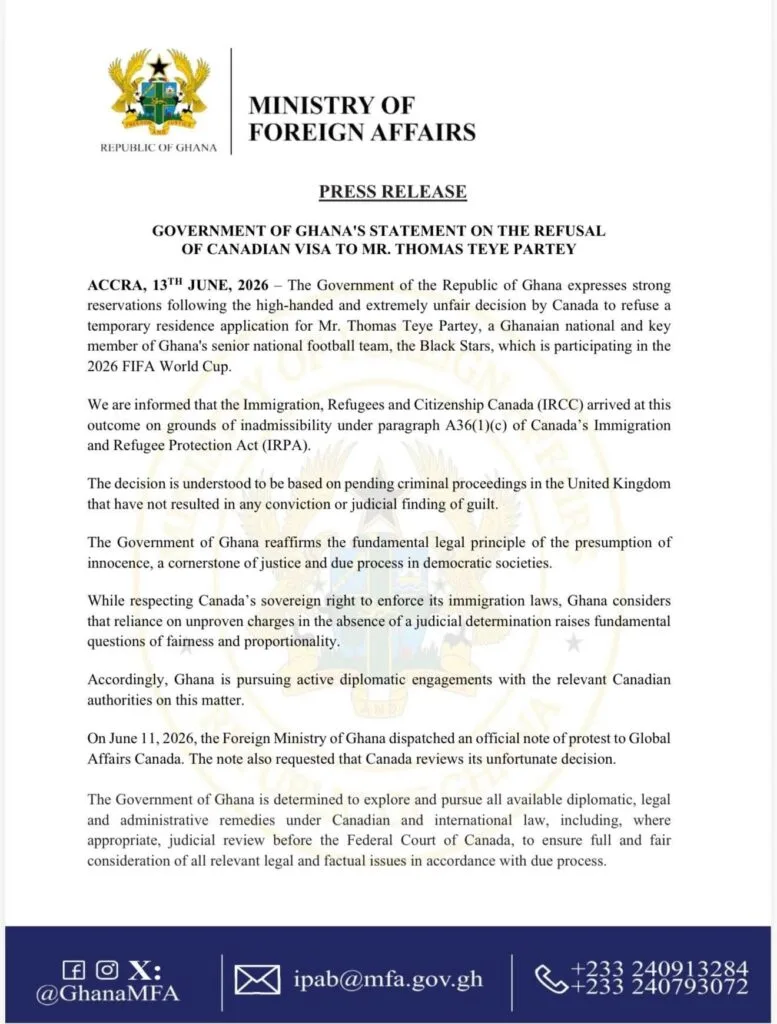 World Cup: Reliance on unproven charges unfair - Foreign Ministry challenges Canada’s decision to deny Thomas Partey entry