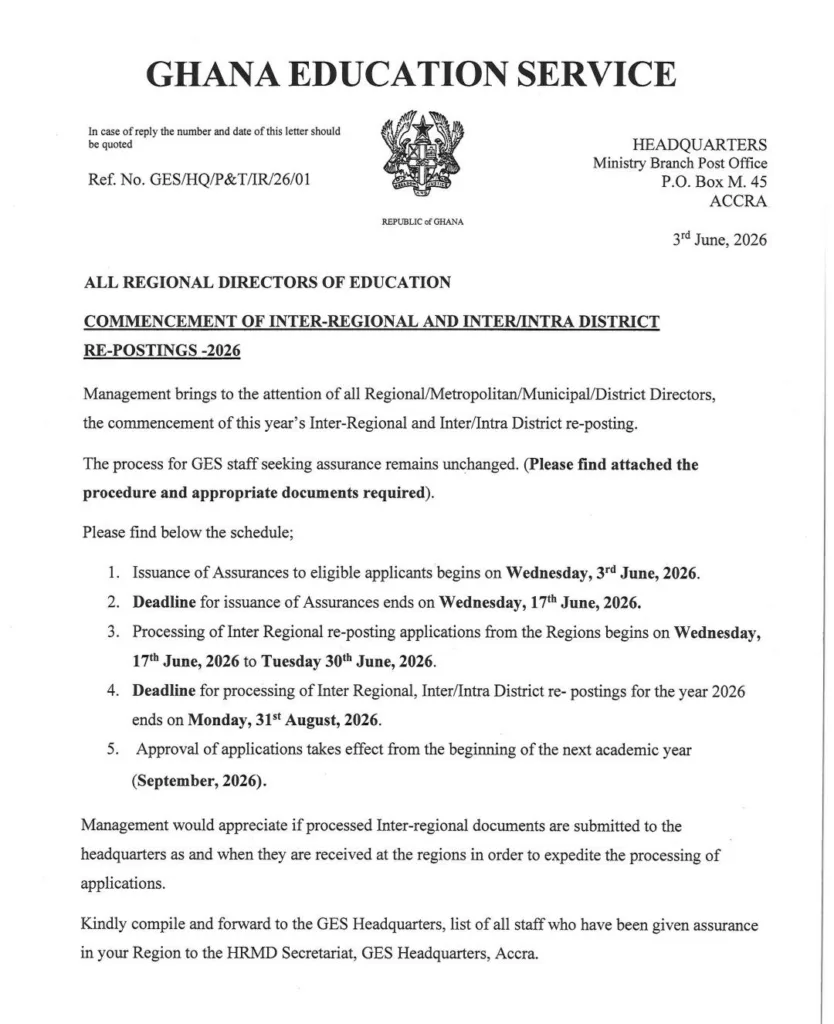 GES announces 2026 Inter-Regional and Inter/Intra District re-posting for staff