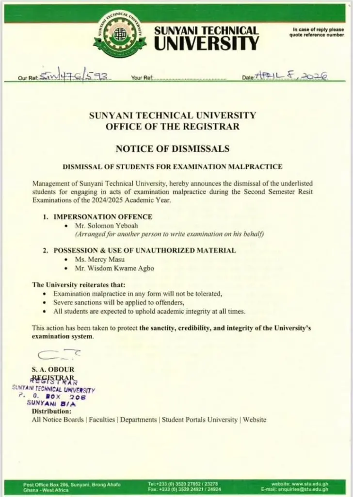 Sunyani Technical University dismisses 3 students over examination malpractice Sunyani Technical University dismisses 3 students over examination malpractice