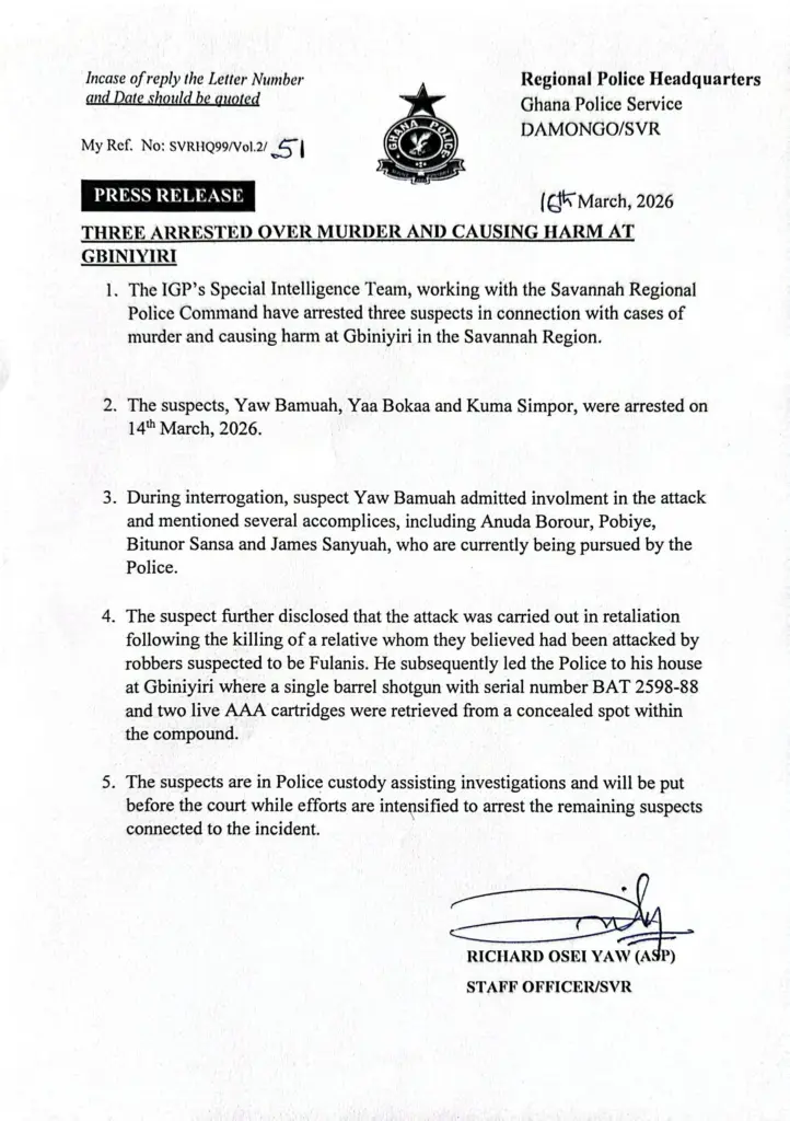 Three arrested over murder and assault at Gbiniyiri in Savannah Region