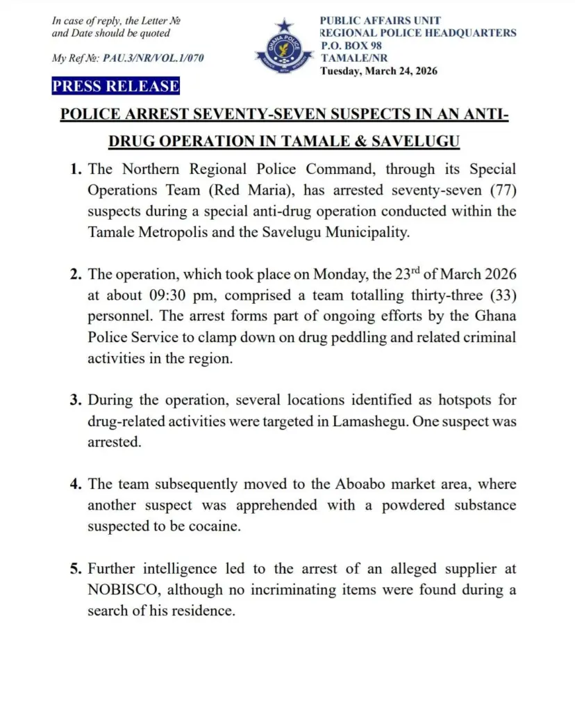 Police arrest 77 suspects in anti-drug operation in Tamale and Savelugu Police arrest 77 suspects in anti-drug operation in Tamale and Savelugu