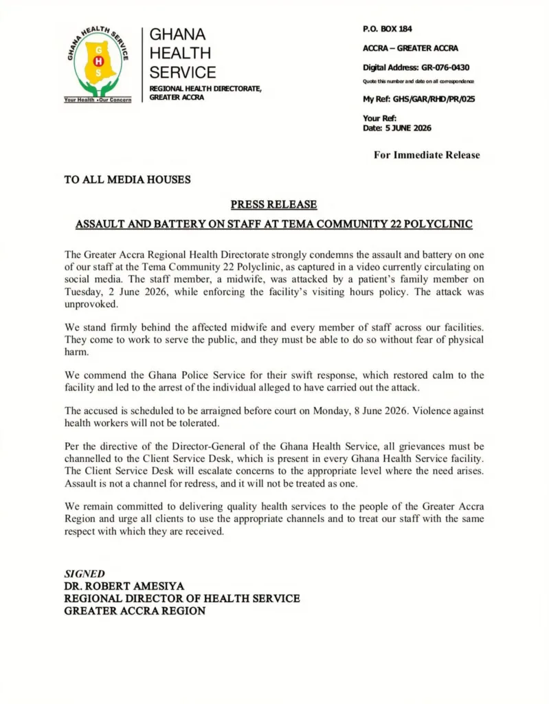 Greater Accra Health Directorate condemns assault on midwife at Tema Community 22 Polyclinic Greater Accra Health Directorate condemns assault on midwife at Tema Community 22 Polyclinic
