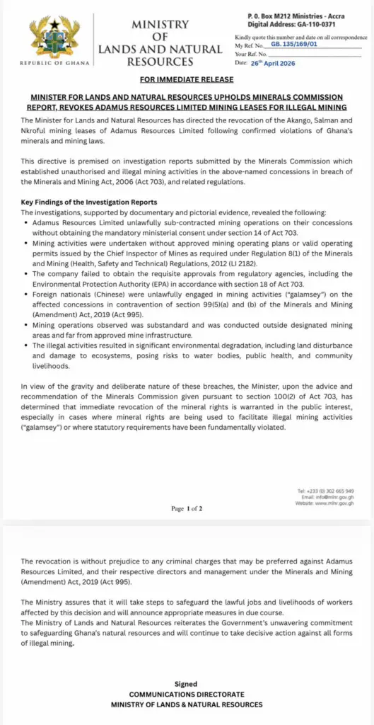 Government revokes Adamus Resources Limited's mining leases for illegal activities Government revokes Adamus Resources Limited's mining leases for illegal activities