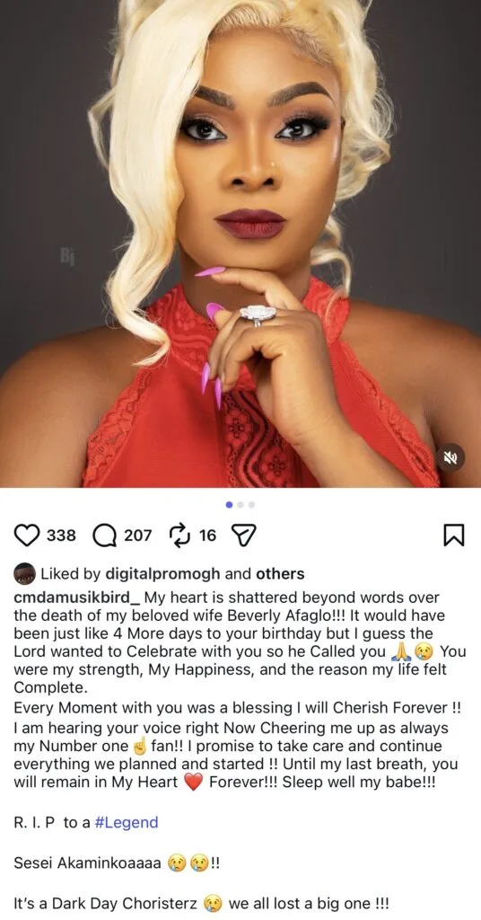 Choirmaster announces death of wife Beverly Afaglo 