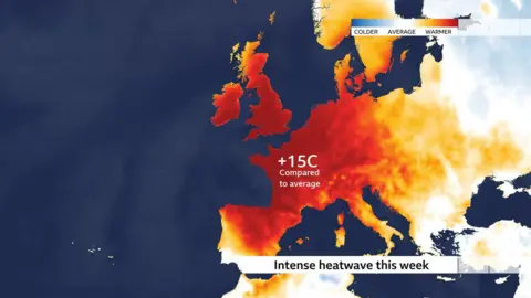 BBC Weather Map of Europe showing higher than average temperatures in central and western Europe this week