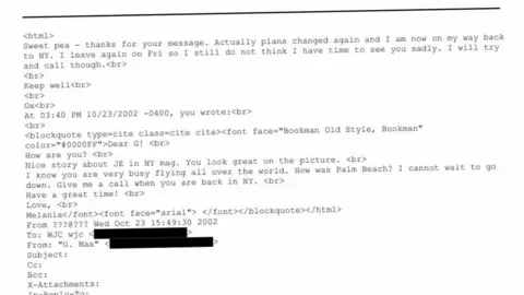 US Department of Justice An image of an email exchange between " Melania" and Ghislaine Maxwell