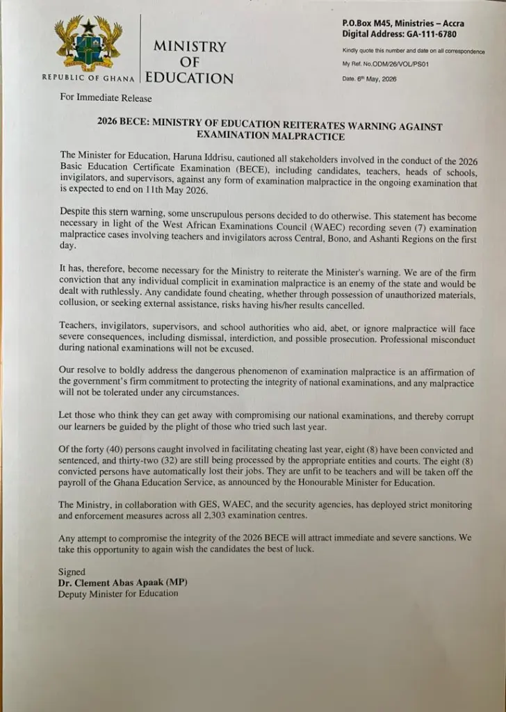 Education Ministry warns against malpractices as 2026 BECE records early offences