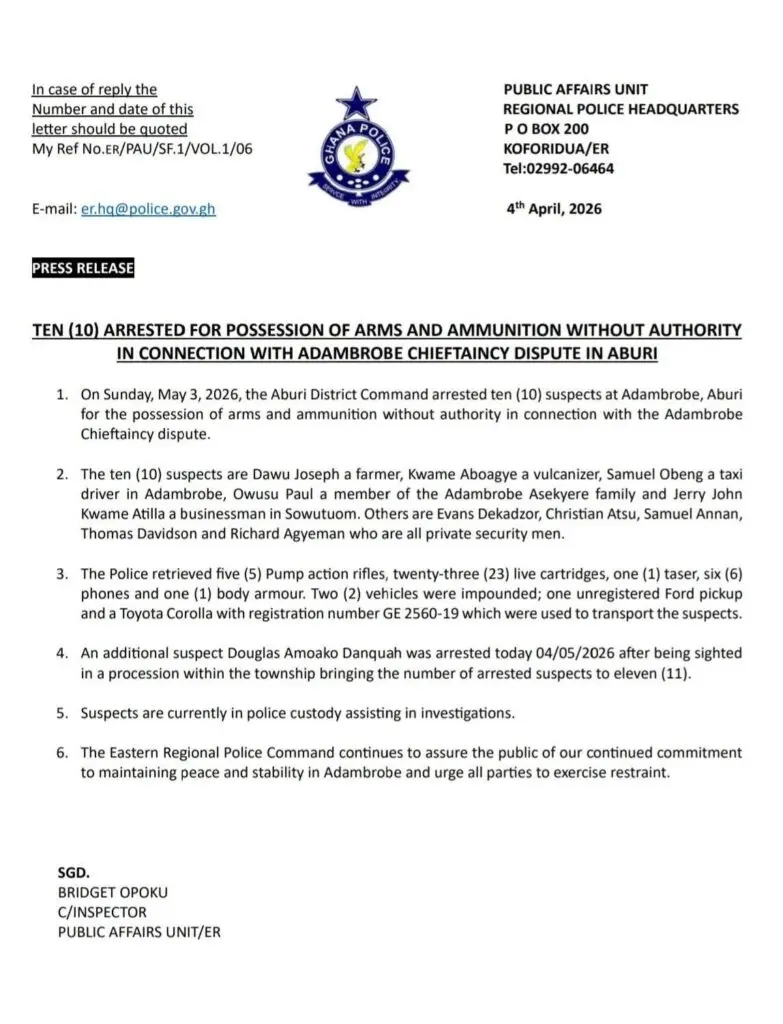 10 arrested over illegal arms possession linked to Adambrobe chieftaincy dispute 10 arrested over illegal arms possession linked to Adambrobe chieftaincy dispute