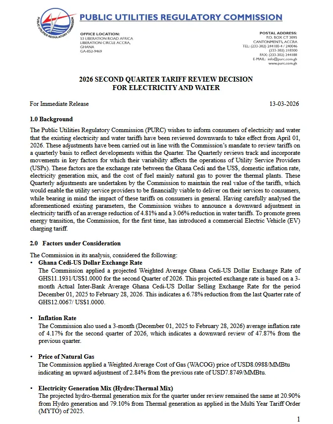 Utility tariffs drop from today as PURC announces electricity, water cuts