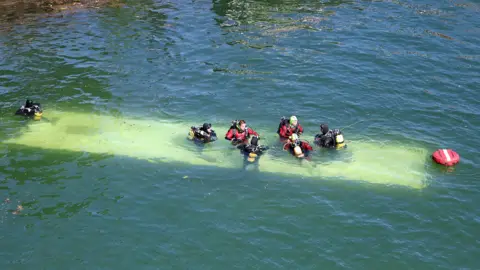 Trainee driver crashes bus into River Seine Reuters The roof of the bus is visible under the river. Six people in wetsuits are sat atop it, and one more person is in the water on the left of the frame.