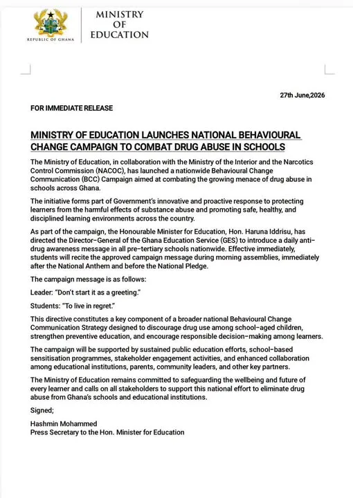 Education Minister orders daily anti-drug campaign in schools Education Minister orders daily anti-drug campaign in schools