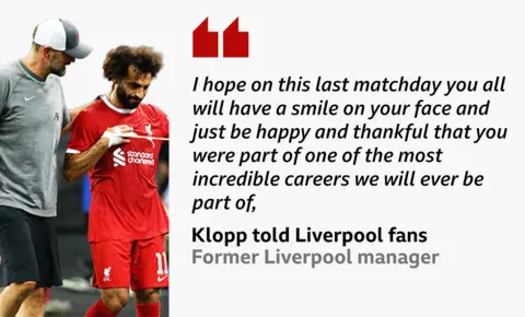 Ice baths, almond milk, meditation and a 'house like a hospital': The secrets of Salah's success Getty Images Jürgen Klopp, in a white and grey baseball cap, top and shorts, congratulates Mohamed Salah, who has been playing in a short-sleeved red Liverpool jersey. Please put your translation of all words in here for people who are sight impaired.