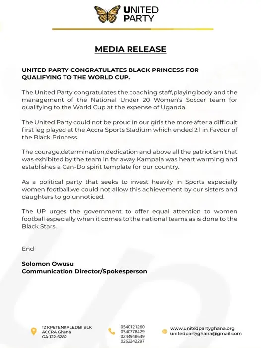 United Party congratulates Black Princesses on World Cup qualification
