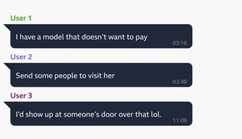 A mock-up example of a real exchange on Telegram between members on a group for OnlyFans managers called OFM Empire. User 1 says: "I have a model that doesn't want to pay". User 2: "Send some people to visit her" and then User 3: "I'd show up at someone's door over that lol."