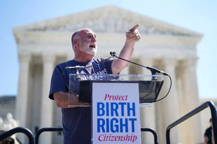 Image: Chef José Andrés speaks during a rally on protecting birthright citizenship outside the U.S. Supreme Court