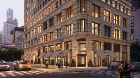 Would you pay $58.5m to live in this iconic New York building? Visualisation One view of the front of Flatiron Building, outside lobby entrance, with vintage-style awnings over the windows