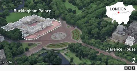 A graphic showing a Google birdseye view of the Mall with Buckingham Palace and Clarence House highlighted. There is also a located showing the position of the Mall in Lodon. 